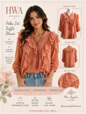 HWA Apparel Romantic Ruffle Polka Dot Blouse Terracotta Boho Size L